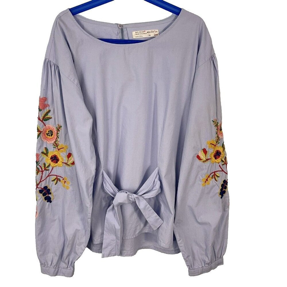 Zara Girls Floral Embroidered Balloon Sleeves Shirt‎ Blouse Size 13/14 Blue